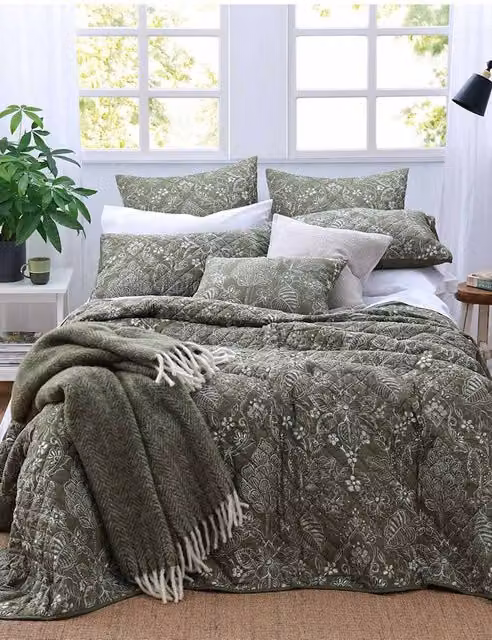 MM Linen Botanica Poplar Bedspread Set, Green Mix, Cotton Rich