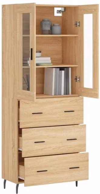 Berkfield Home Sonoma Oak Highboard with Glass Doors in Tan, W/D/H: 69.5 x 34 x 180 cm – 1