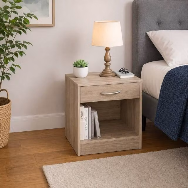 SPOT ON DEALZ Oak Bedside Cabinet and Nightstand with Storage Shelf in Brown, W/D/H: 38 x 30 x 37 cm