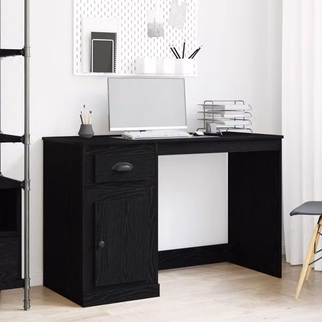 Berkfield Modern Writing Desk in Black Oak with Storage, W/D/H: 115 x 50 x 75 cm