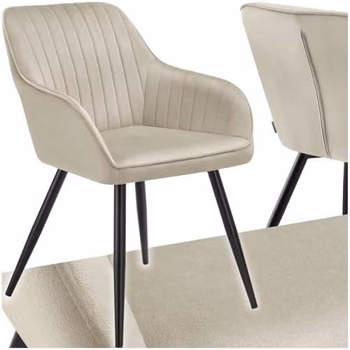 tectake Dining Chair with Velvet-Look Quilted Cover and Armrests in Cream and Black – 1