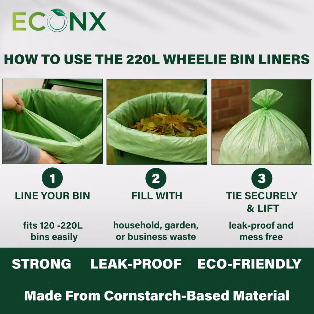 ECONX 220 Litre Biodegradable and Compostable Bin Liners, Green, 50 Pack – 7