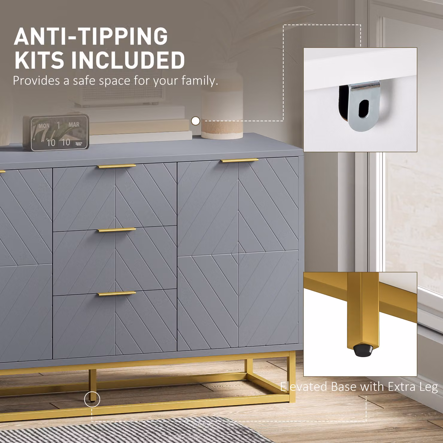 HOMCOM Modern Grey Freestanding Storage Cabinet with 3 Drawers and Gold Accents – 4