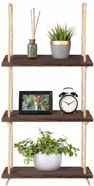 Havendro 3 Tier Brown Wood and Jute Rope Floating Wall Shelf