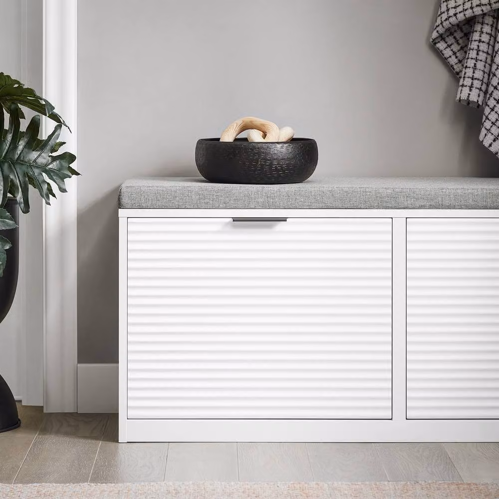 SoBuy Modern Shoe Cabinet with Seat and Lift-Up Tambour Doors in White or Black Matt – 2