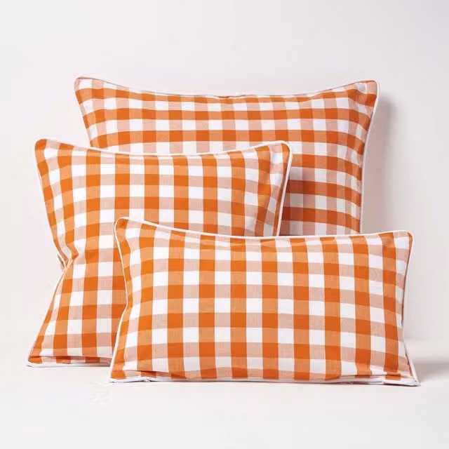 Homescapes Checked Cotton Gingham Cushion Cover, Orange, W/H: 60 x 60 cm