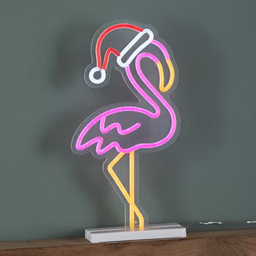 Samuel Alexander Multicolour and White Light Up Neon Effect Flamingo with Santa Hat on Base, H 43 cm – 2