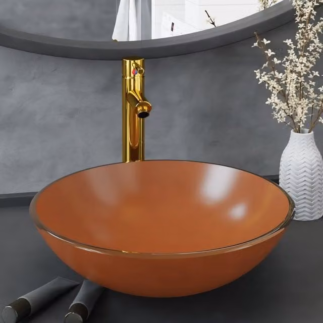 Berkfield Home Round Brown Tempered Glass Countertop Bathroom Sink with Tap and Push Drain