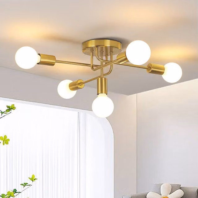 Pheashine Gold Metal 5-Light Adjustable Industrial Ceiling Chandelier, W/D/H: 55 x 50 x 20 cm