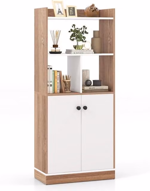 Costway Modern Brown Wood 4-Tier Freestanding Display Cabinet with Hinged Doors and Internal Shelves