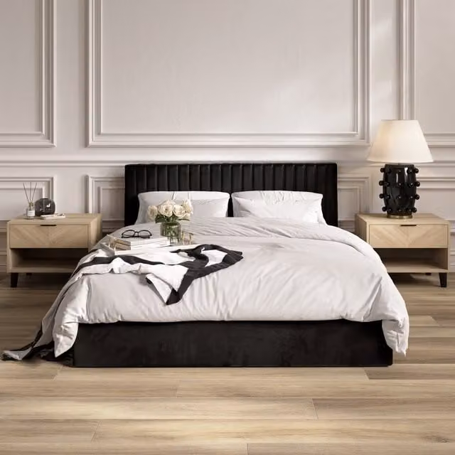 LPD Home Berlin Upholstered Velvet Ottoman Bed in Black, W/D/H: 180 x 200 cm
