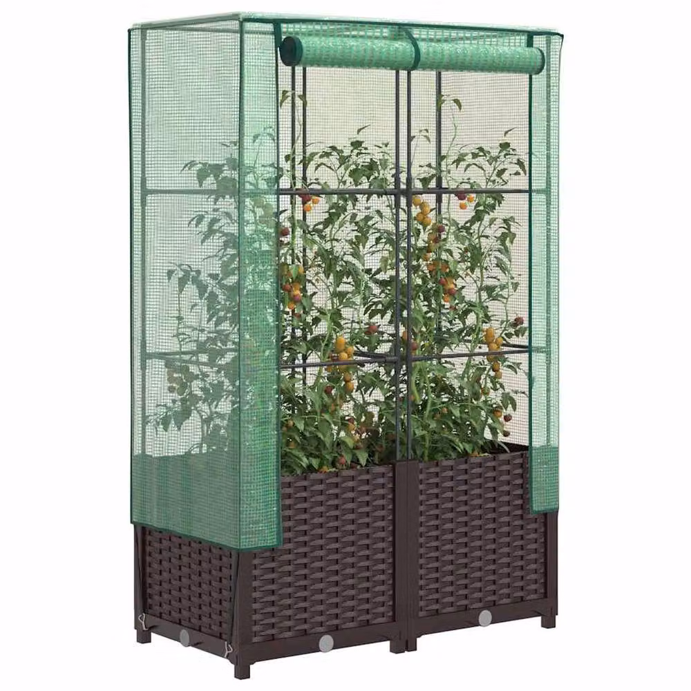 Berkfield Home Raised Bed with Greenhouse Cover in Brown Rattan Look, W/D/H: 80 x 40 x 138 cm – 2