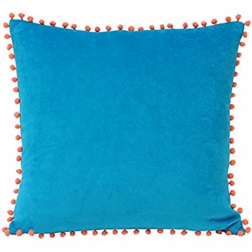 Riva Home Blue Faux Velvet Cushion with Coral Orange Pompom Edges and Polyester Filling, W/D/H: 45 x 45 x 45 cm