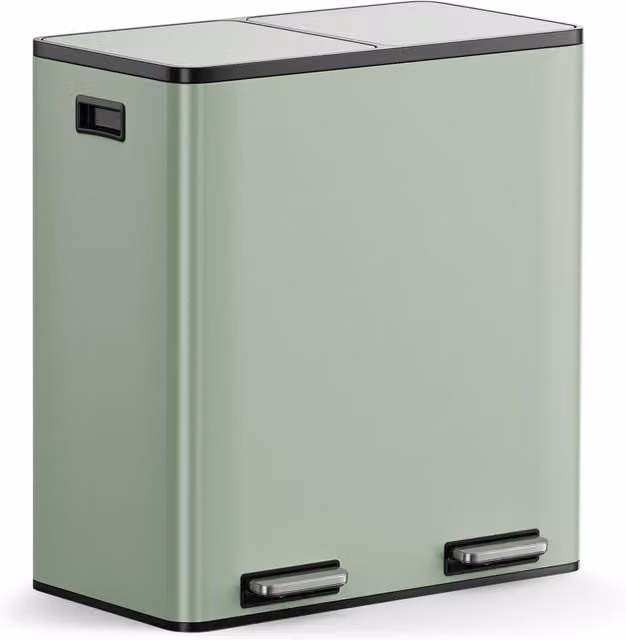 VonHaus 60l Stainless Steel 2 Compartment Pedal Bin with Soft Close and Removable Inner Buckets in Green