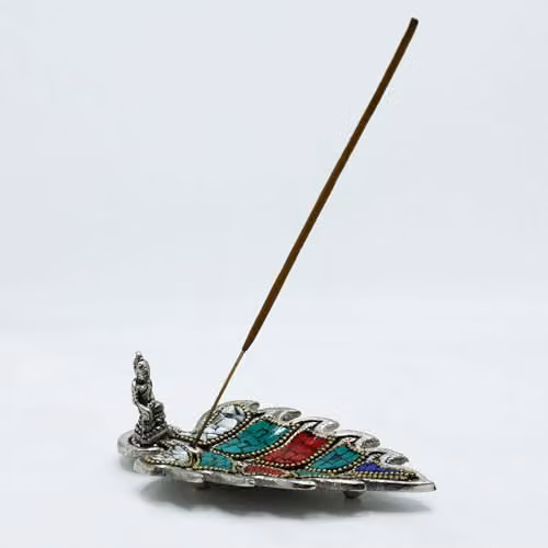 KDMD Buddha Leaf Tibetan Incense Holder, Multicolour Ceramic and Metal Tabletop Incense Burner