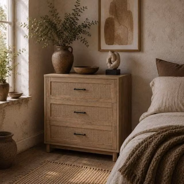 Wyld Haus Zima 3 Drawer Chest in Light Oak Finish with Rattan Fronts, Width: 76 cm