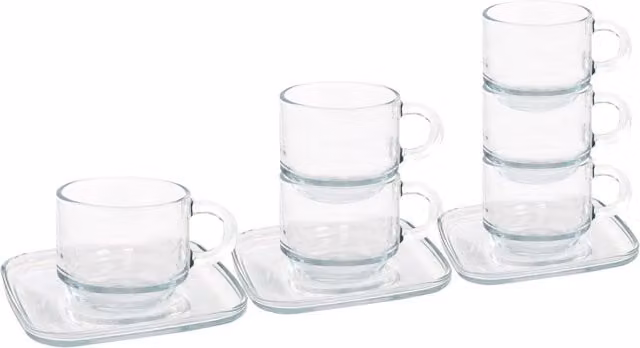 LAV Cozy Stackable Glass Espresso Cups and Saucers 12-Piece Set, 90ml, Transparent