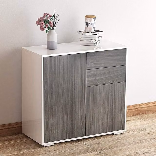 HOMCOM Modern Push Open Side Cabinet with 2 Drawers and Door in White