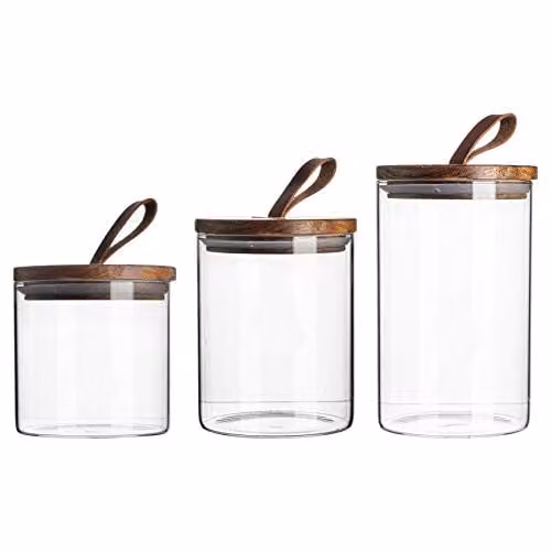 Argon Tableware Scandi Airtight Glass Storage Jar Set with Wood and Silicone Lids, 3 Pieces, Transparent – 1