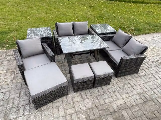 Fimous Grey PE Rattan Garden Dining Set with Rectangular Table, Double Sofa, 2 Side Tables and 3 Footstools