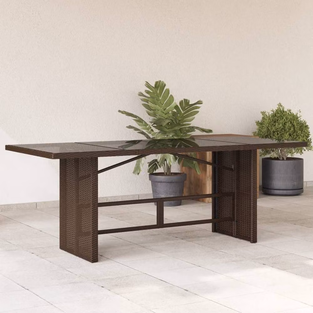 Berkfield Home Brown Poly Rattan Extendable Garden Table with Glass Top, W: 190 cm, D: 80 cm, H: 74 cm – 2