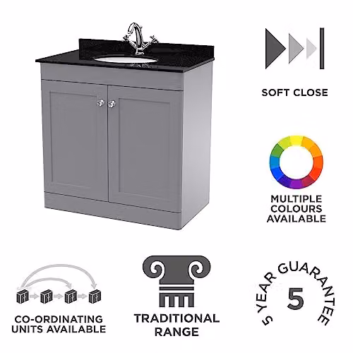 nuie Classique Traditional Bathroom Floor Standing 2 Door Unit with Marble Worktop and Round Basin, Satin Grey and Black, W: 800 mm – 2