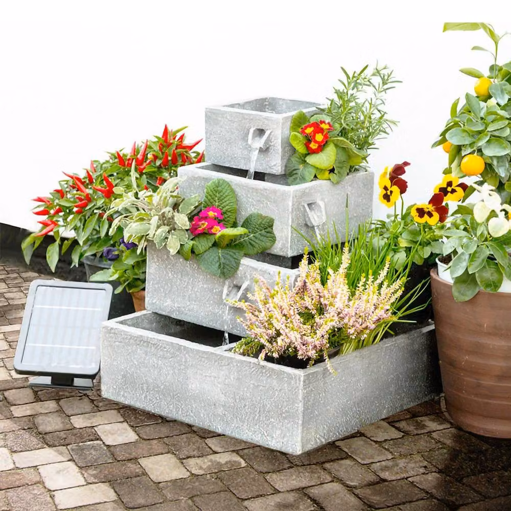 Primrose Perth 4-Tier Solar Powered Cascading Herb Planter Water Feature in Grey Stone, Height: 42 cm – 4