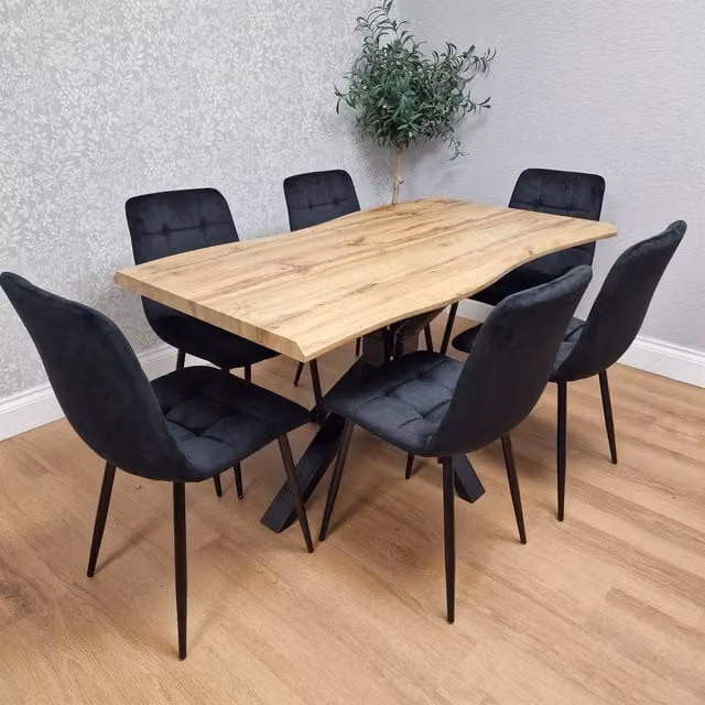 KOSY KOALA Brown Wooden Rectangular Dining Table with 6 Black Velvet Chairs, W/D/H: 120 x 77 x 75 cm – 1