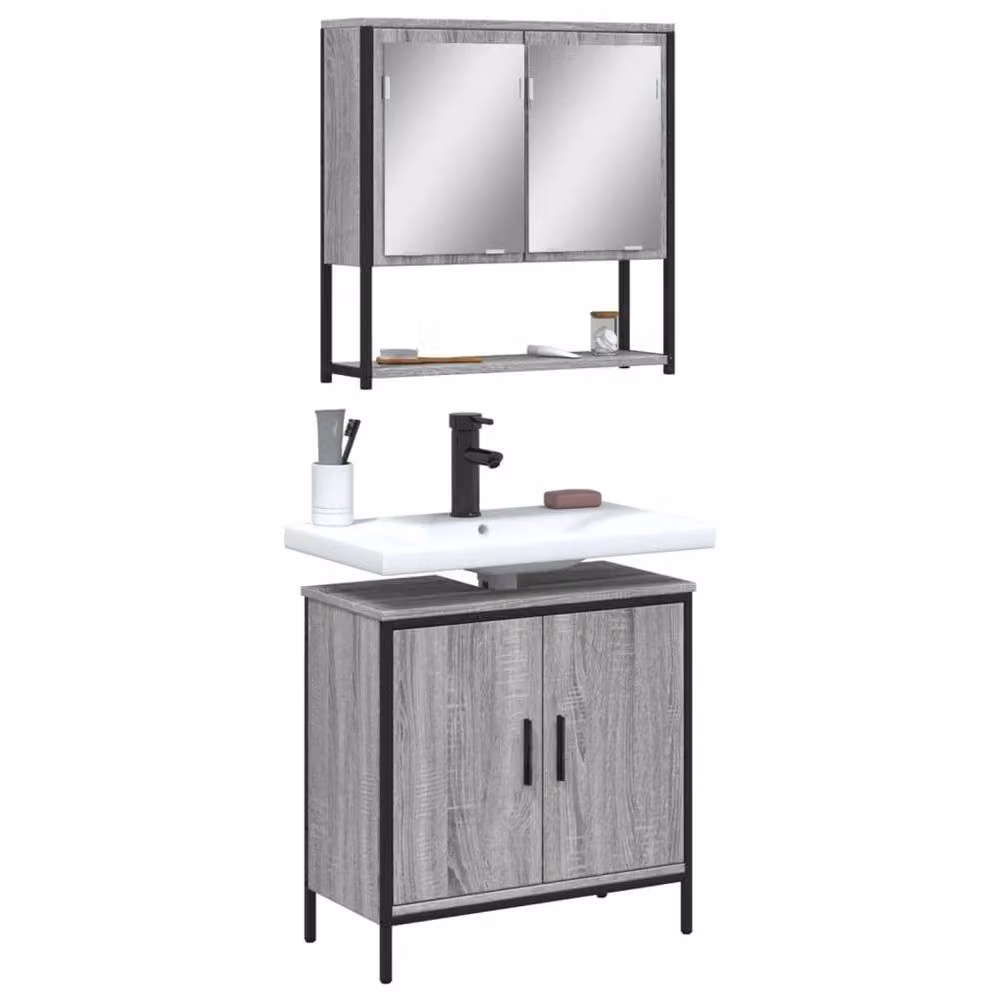 Berkfield Home 2 Piece Modern Grey Bathroom Furniture Set with Vanity Unit and Mirror Cabinet – 2
