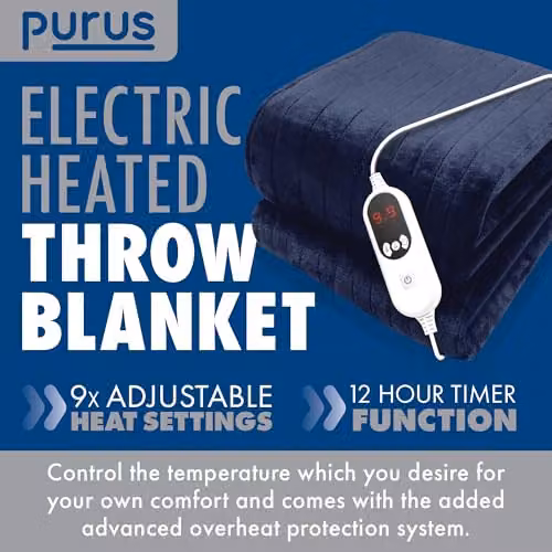Purus Deluxe Electric Heated Throw Blue Fleece Double Over Sofa Blanket W/D: 160 x 120 cm – 2
