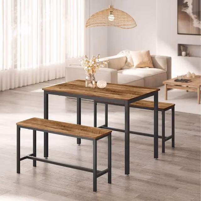 VASAGLE Industrial Dining Table and 2 Benches Set in Bronze and Brown