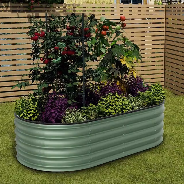 Livingandhome Silver Galvanised Steel Oval Raised Garden Bed in Green, 160 cm