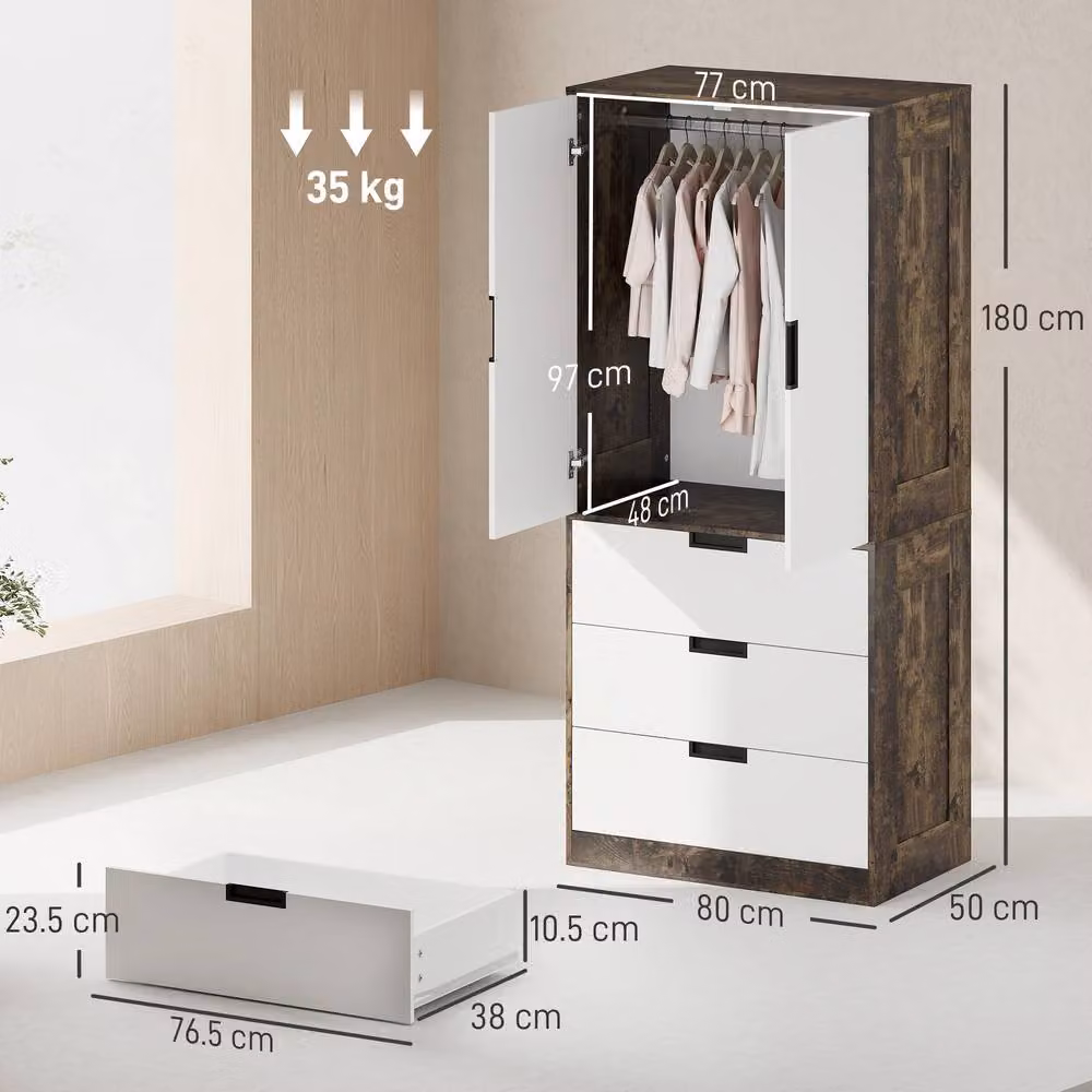 HOMCOM Modern Clothes Storage Cupboard with Hanging Rod and Internal Drawers, Brown and White – 3
