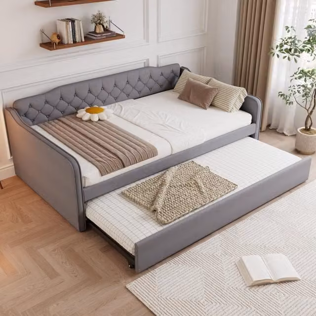 Aosom UK Grey Upholstered Double Daybed with Pull-Out Trundle and Foam Padding, W/D/H: 139.5 x 202 x 81.5 cm – 1