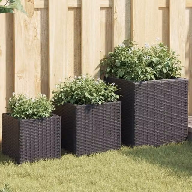 Berkfield Home Set of 3 Black Poly Rattan Garden Planter Tubs
