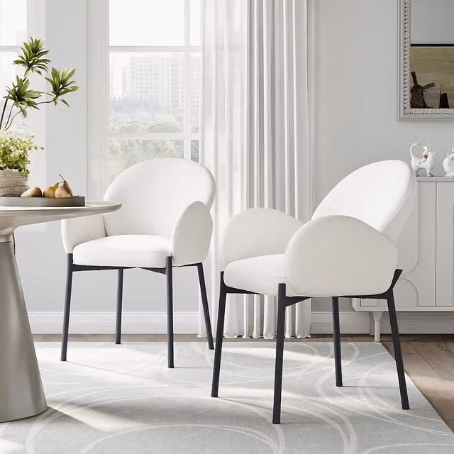 Komore Set of 2 White Velvet Upholstered Dining Chairs with Armrests