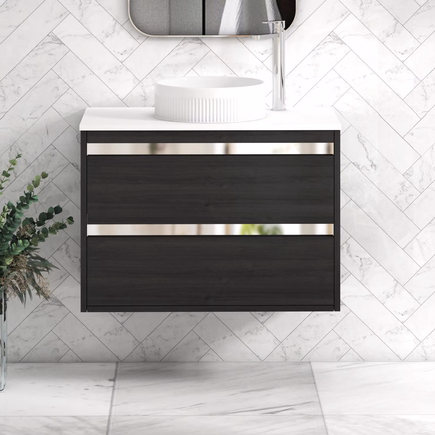 Royal Bathrooms Orion 800mm Hale Wall Hung Vanity Unit with 2 Drawers, White Countertop and Black Basin