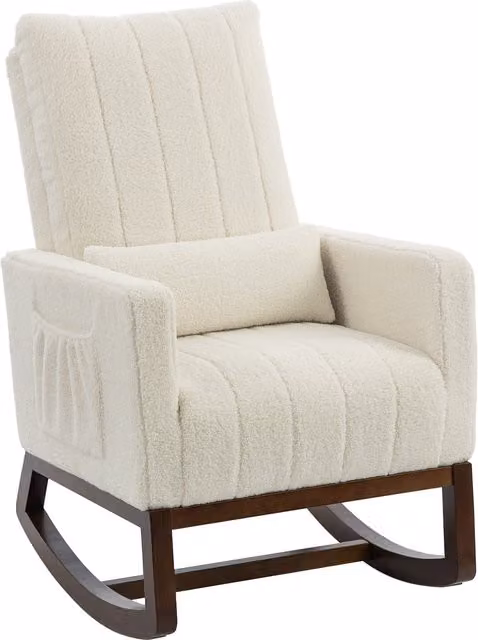 HOMCOM Cream White Bouclé Rocking Chair for Adults with High Back, Lumbar Pillow and Solid Wood Base – 1