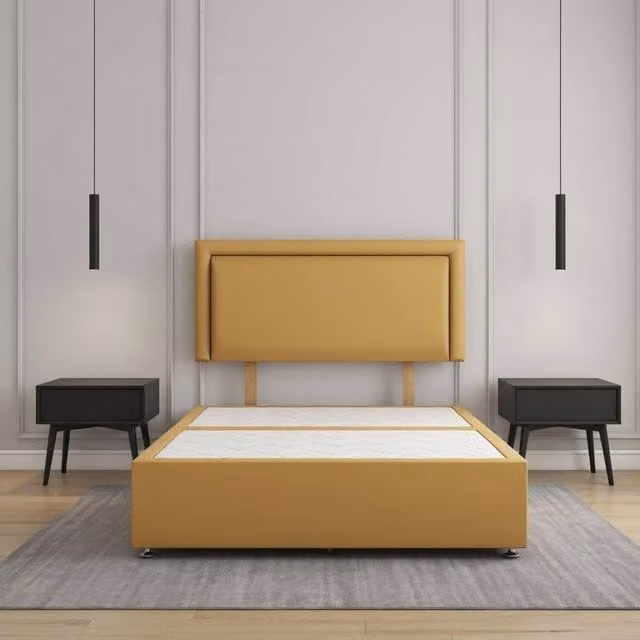Regional Furnishings Luxury King Size Divan Bed Base with 24 inch Headboard in Mustard Yellow Plush Velvet, W/D/H: 180 x 200 x 30.48 cm