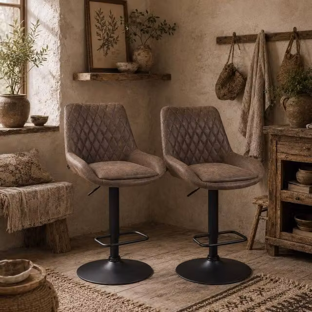 Wyld Haus Lenozzo Set of 2 Brown Faux Leather Bar Stools with Adjustable Gas Lift and 360 Degree Swivel – 1
