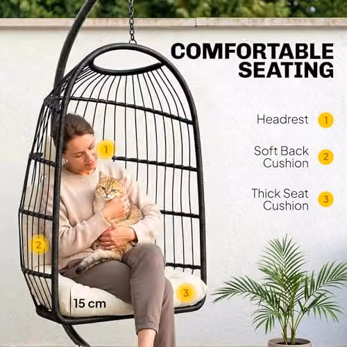 Outsunny Hanging Egg Chair with Stand and Cushions, Black and White – 5