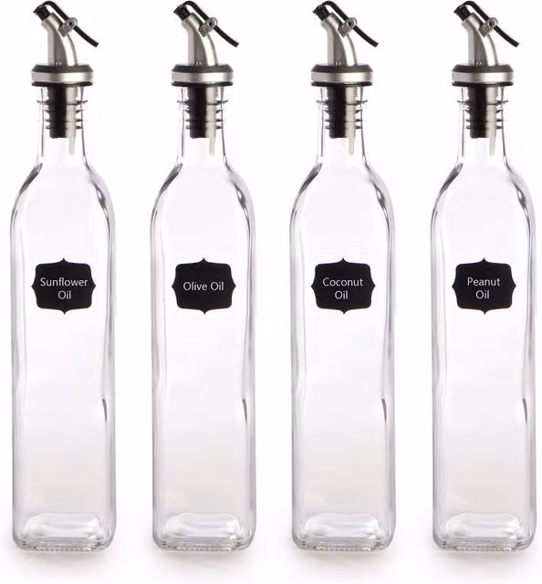 Maison & White Oil and Vinegar Dispenser Bottles, 500ml, Pack of 4, Clear and White
