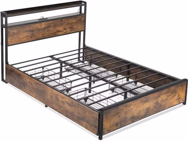 PAWNORA Metal Double Bed Frame with Side Compartments and USB Charging Ports in Brown, W/D/H: 140 x 200 cm – 1