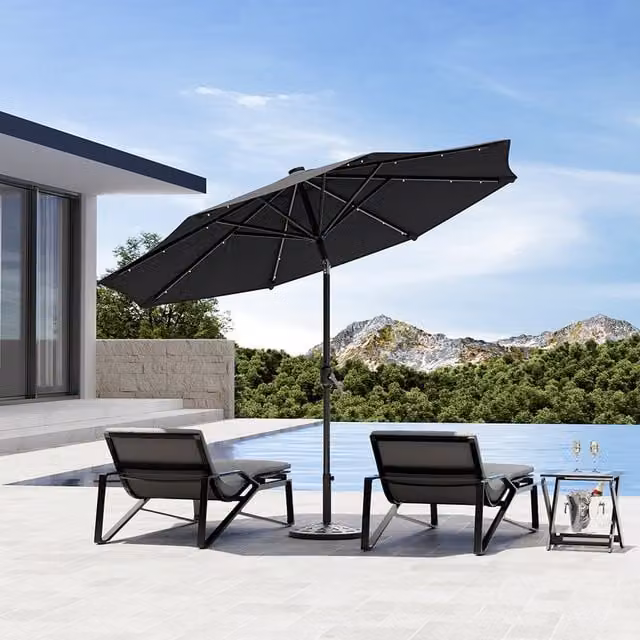 Komore Solar-Powered Lighted Garden Parasol with Resin Stand in Anthracite Grey