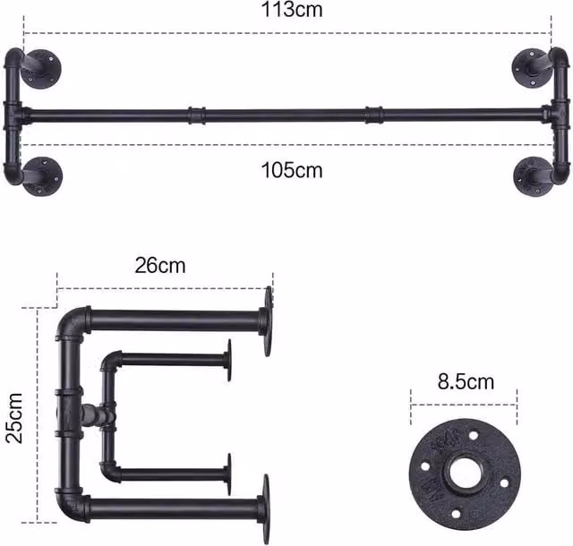 FLAVORA Matt Black Metal Wall Mounted Clothing Rack, Width: 105 cm