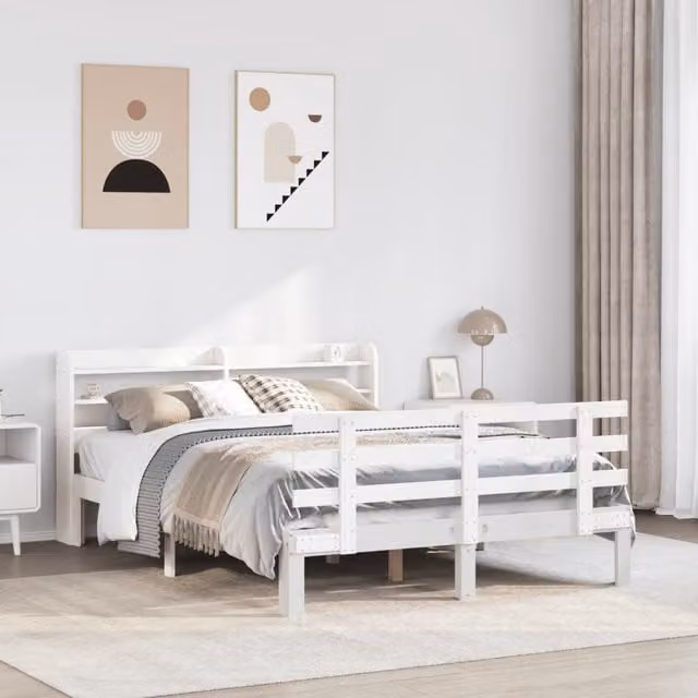 Berkfield Home White Pine Bed Frame with Headboard and Side Compartments W/D/H: 140 x 190 cm