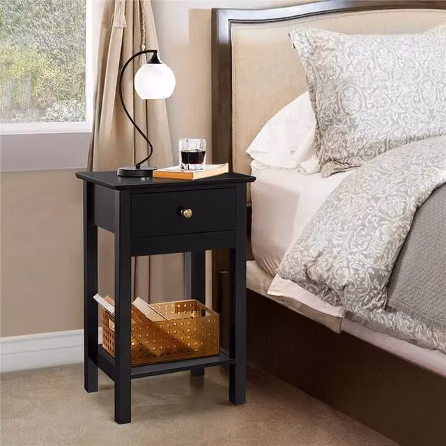 Kelvenix Small Bedside Table with Drawer in Black