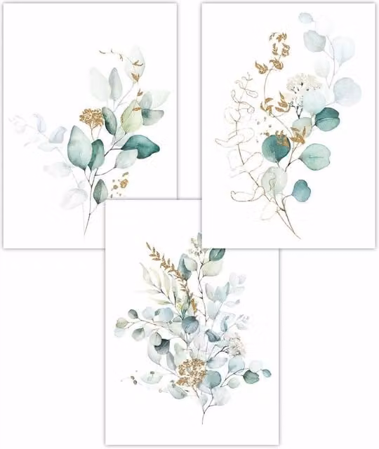ARTZE Set of 3 Green Blue and Gold Watercolour Eucalyptus Botanical Paper Posters, W: 42 cm, H: 59 cm