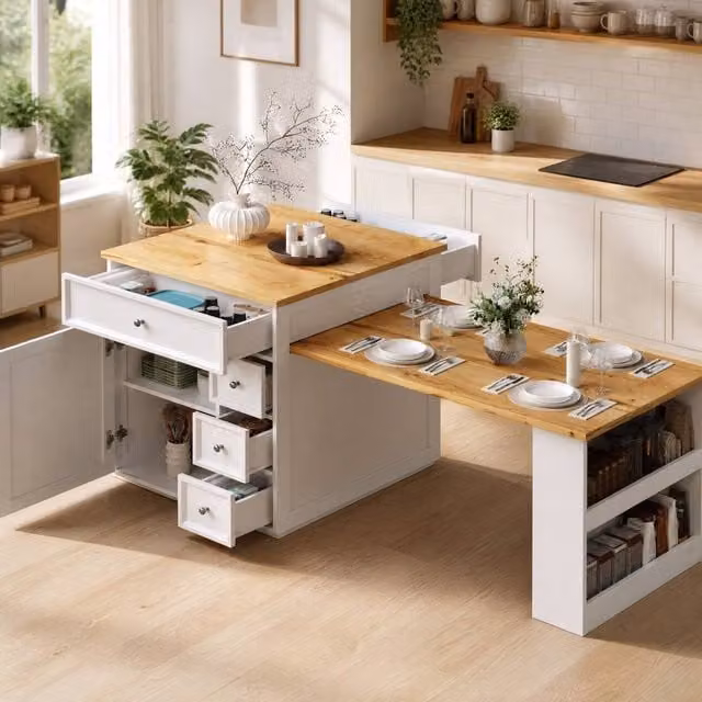 STILVORA Extendable Kitchen Island with Drawers and Casters in White