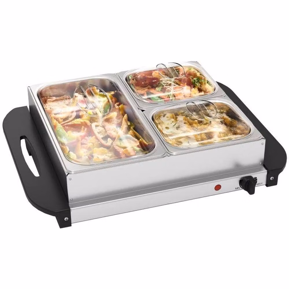 STILVORA Electric Buffet Server with 3 Trays and Warming Plate in Silver Stainless Steel – 4